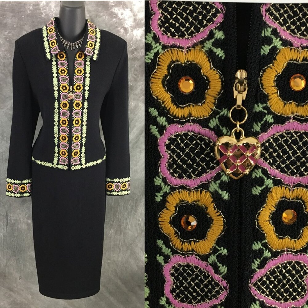 BEAUTIFUL St John collection knit black pink multi jacket skirt suit 10 12